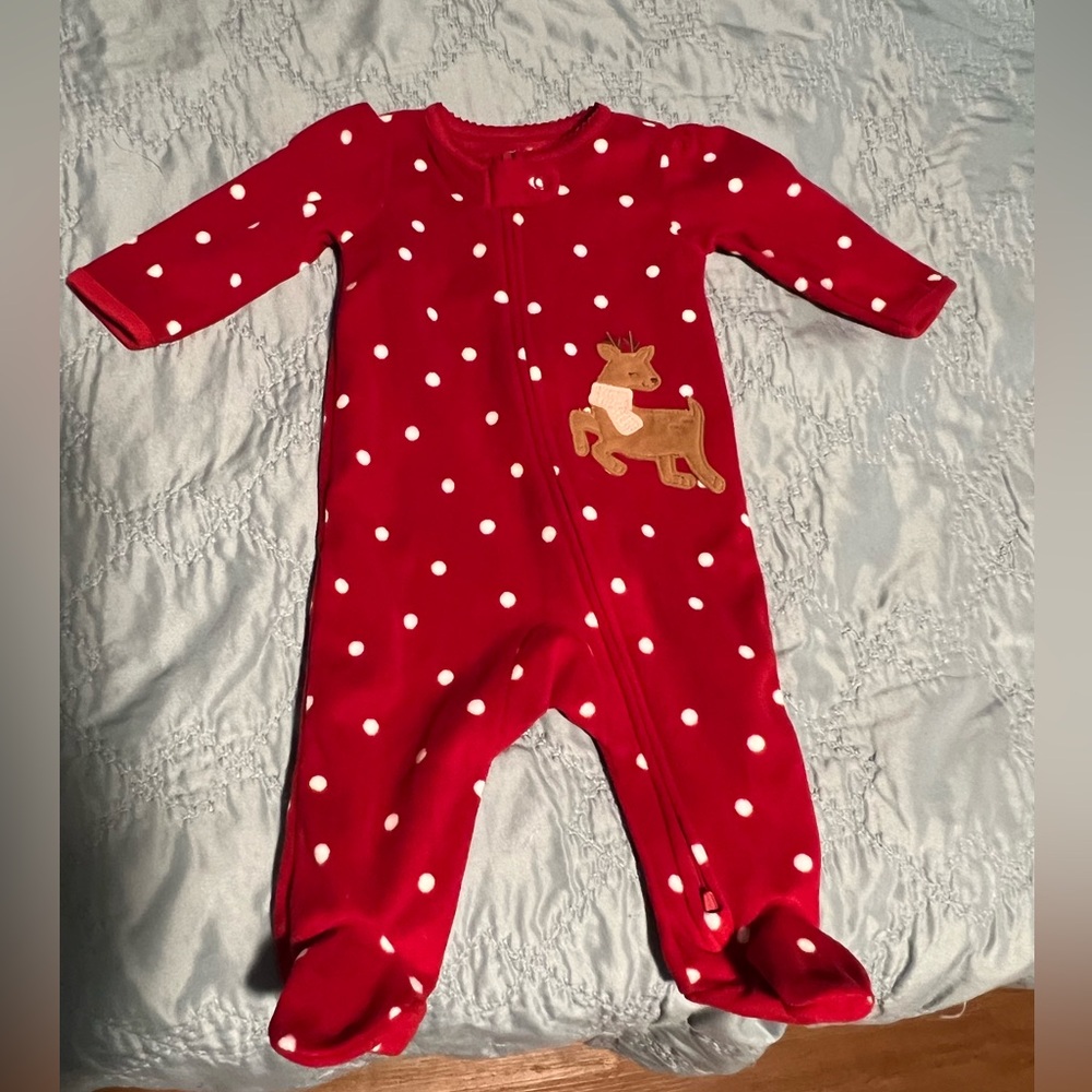 SOLD. Infant Red Polka Dot Kids One Piece with Reindeer Design